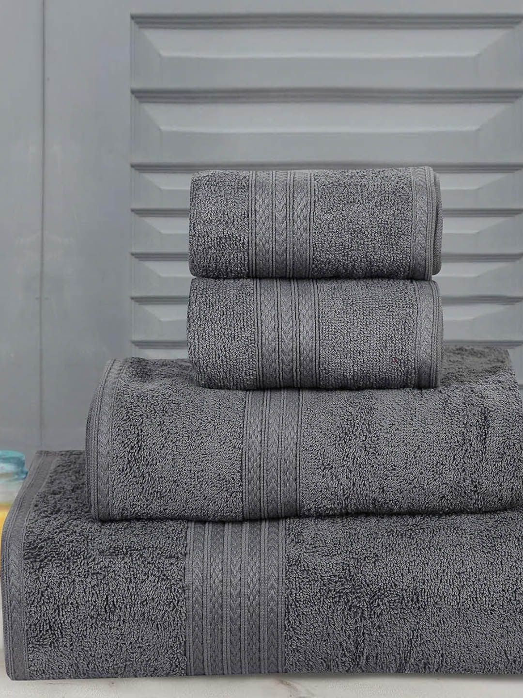 BOMBAY DYEING Grey 4 Pieces Pure Cotton 450 GSM Towel Set