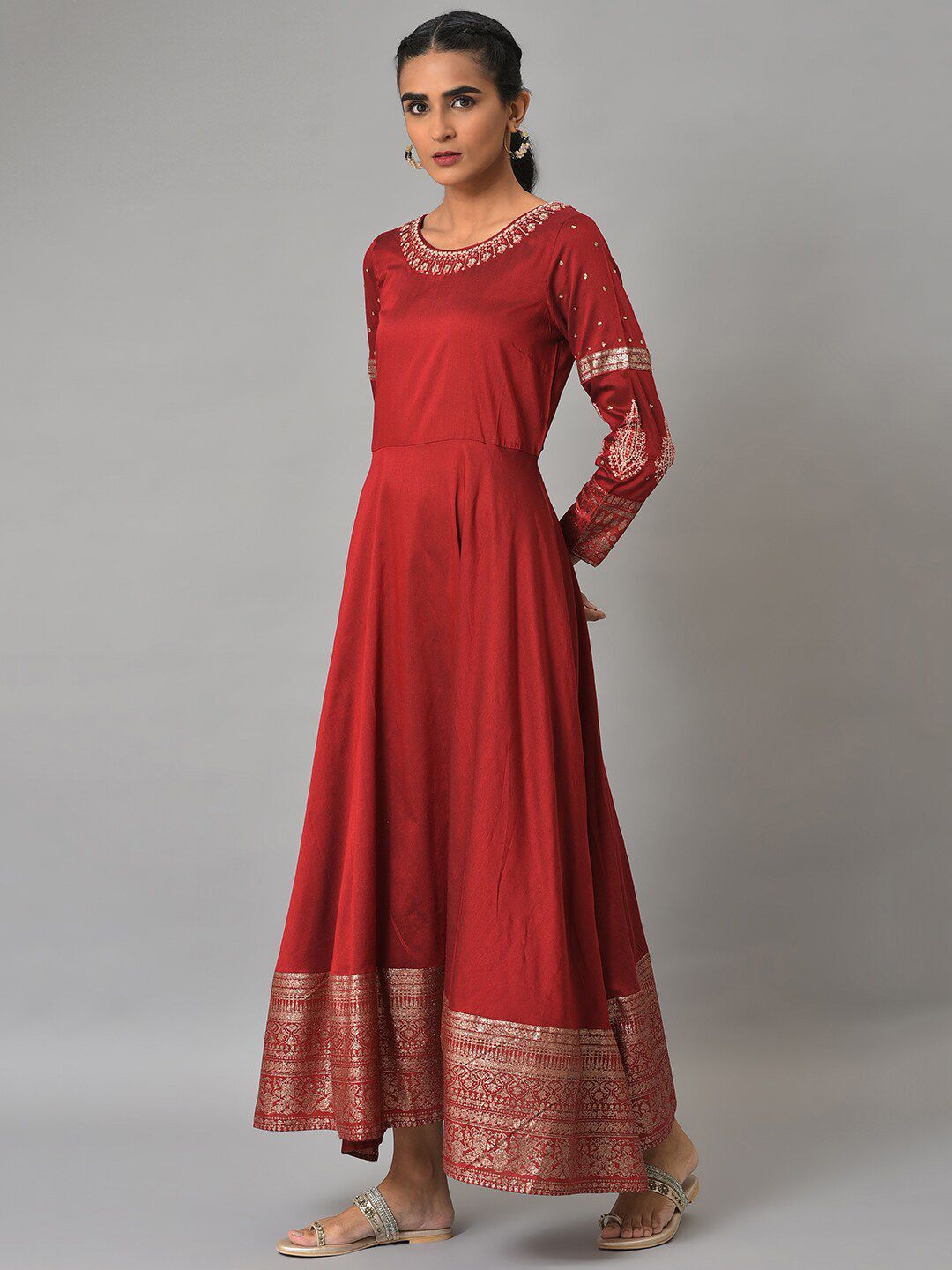 W Red Embellished Fit & Flare Maxi Ethnic Dress