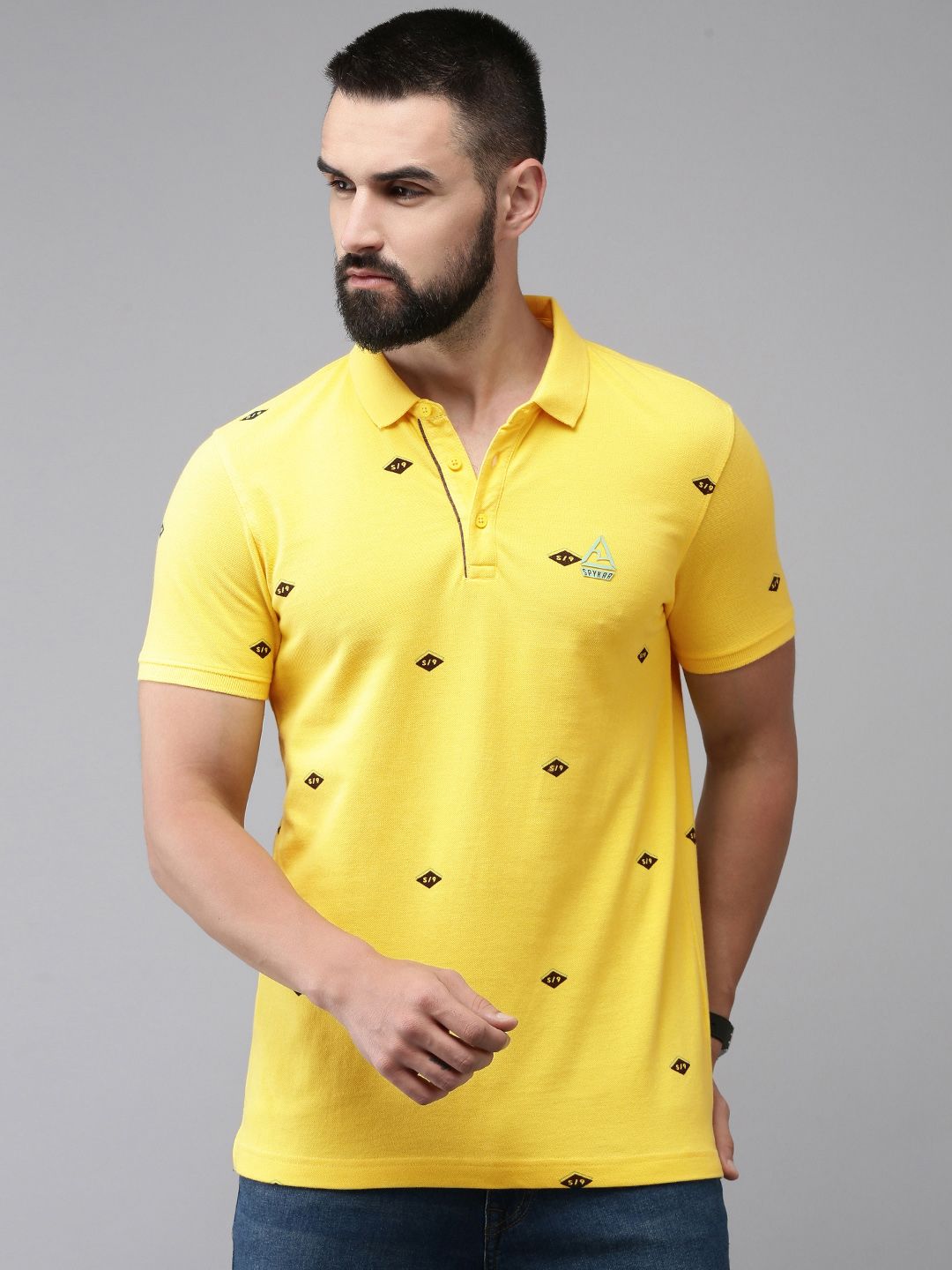 SPYKAR Pure Cotton Typography Printed Polo Collar Slim Fit Casual T-shirt