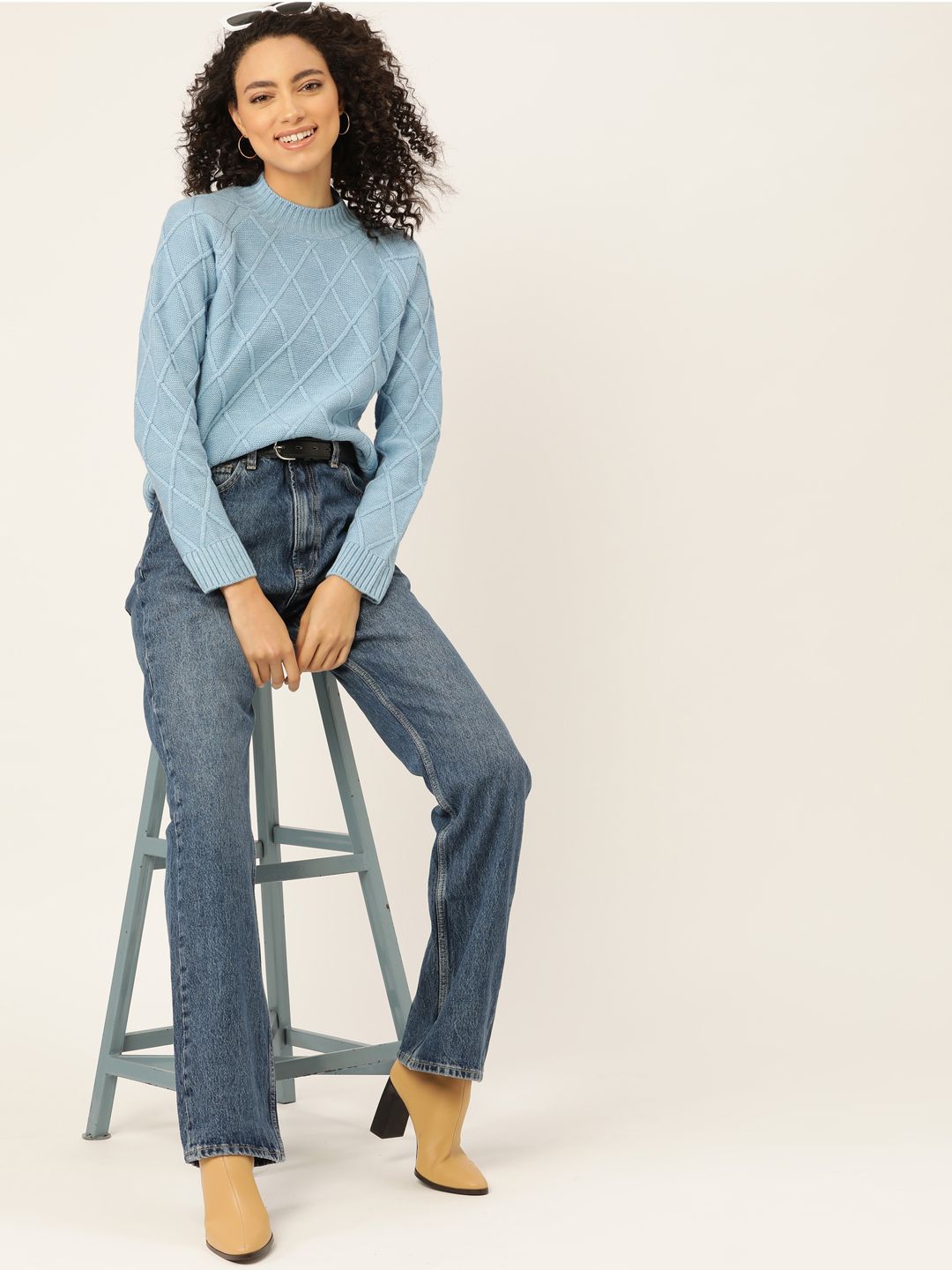 DressBerry Women Blue Self-Design Pullover Sweater