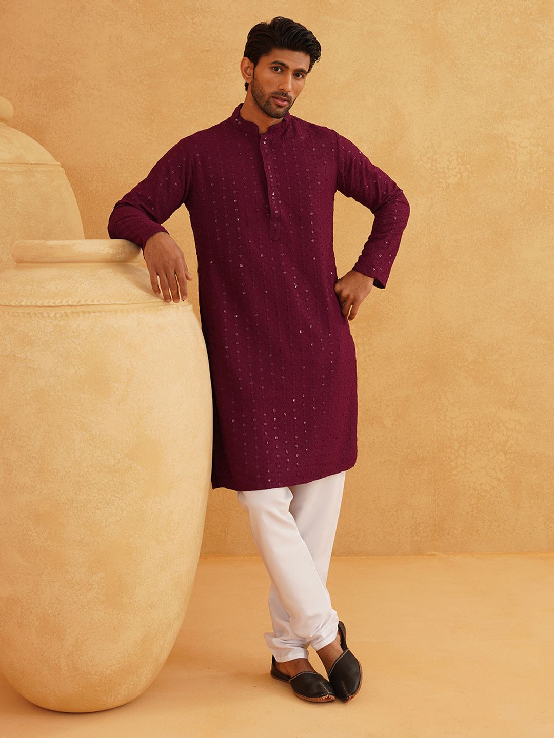 SOJANYA Ethnic Motifs Embroidered Regular Sequinned Pure Cotton Kurta with Churidar