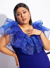 SASSAFRAS Curve Plus Size Blue V-Neck Flutter Sleeves Sheath Dress
