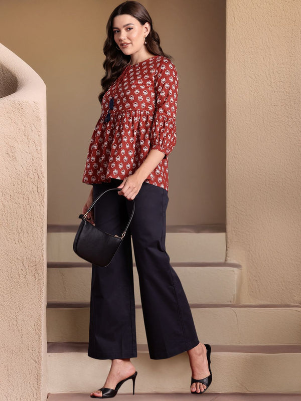 all about you Ethnic Printed Tie-Up Neck Pure Cotton Top