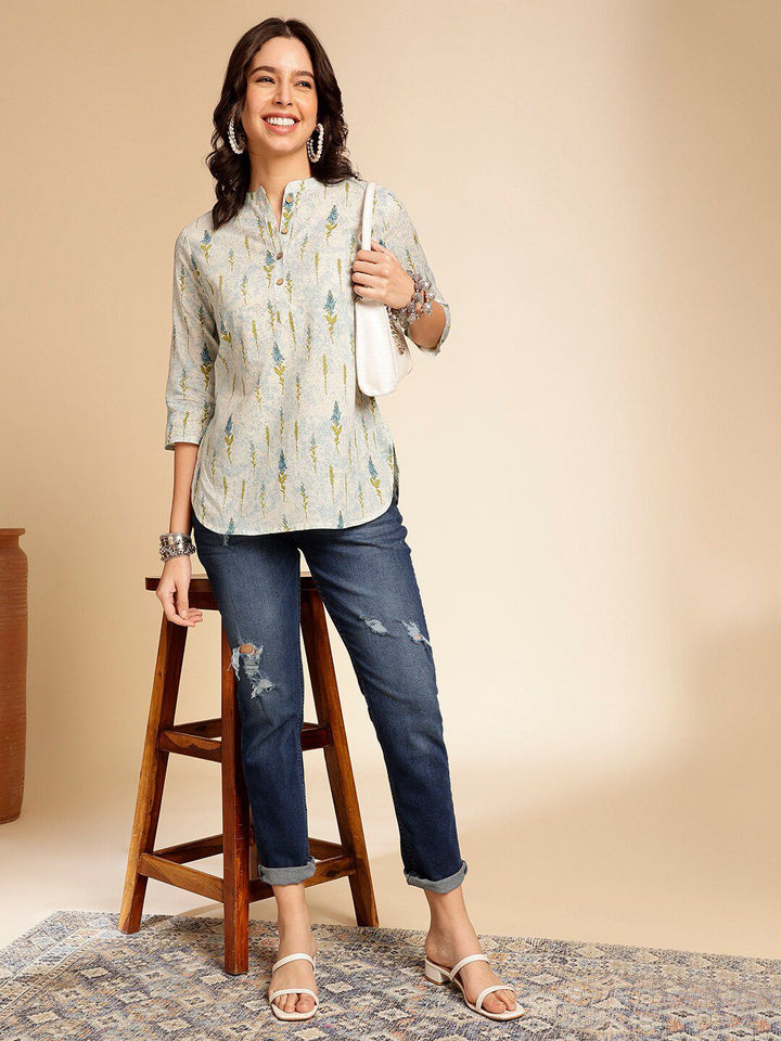 Anouk Off White Botanical Printed Mandarin Collar Pure Cotton Short Kurti