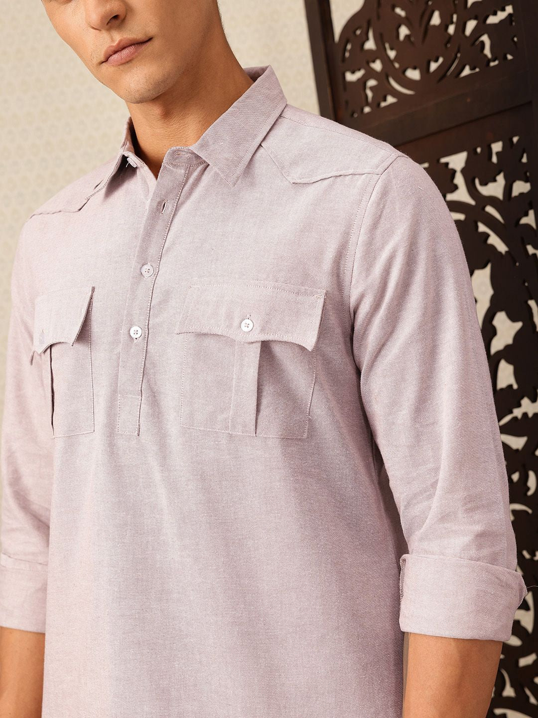 House of Pataudi Shirt Collar Pocket Detailing Rozana Kurta