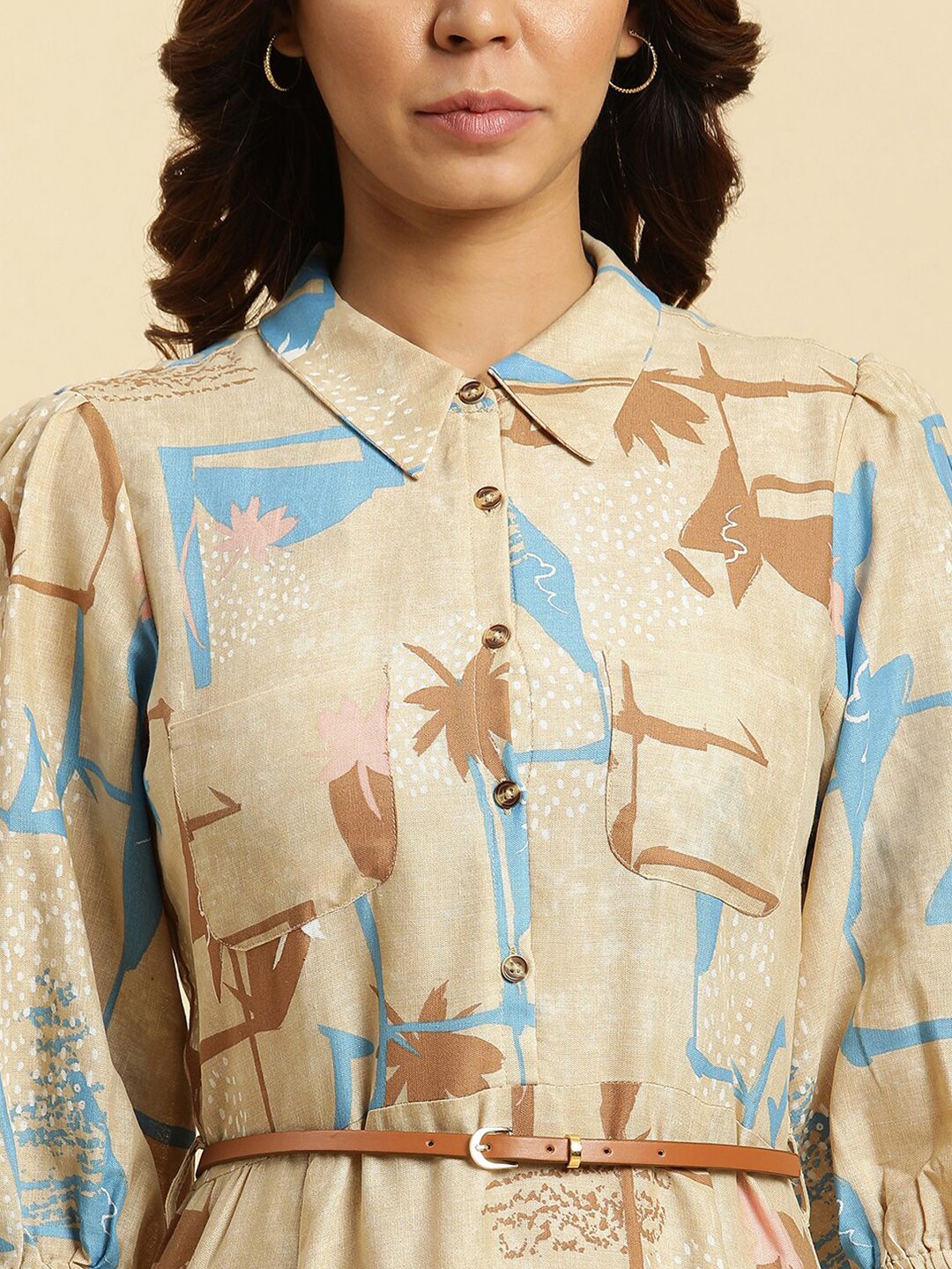 W Abstract Printed Belted Detailed Shirt Collar Puff Sleeves A-Line Maxi Dress