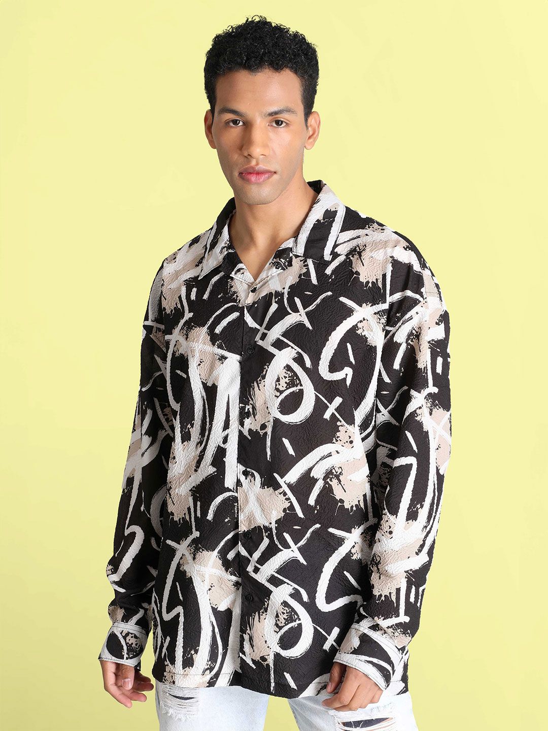 Bene Kleed Men Classic Cuban Collar Abstract Printed Oversized Casual Shirt