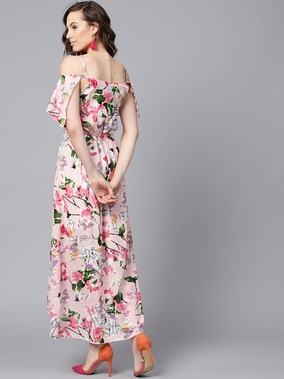 SASSAFRAS Pink Floral Printed Layered High-Low Maxi Dress