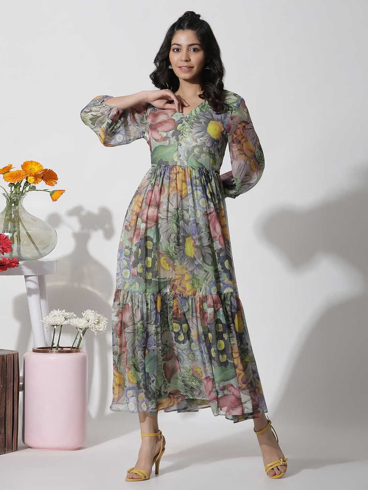 W Floral Print V-Neck Bell Sleeves A-Line Maxi Dress