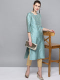 STREET 9 Women Turquoise Blue & Beige Self Design Kurta with Trousers