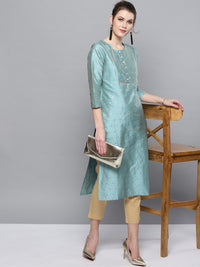 STREET 9 Women Turquoise Blue & Beige Self Design Kurta with Trousers