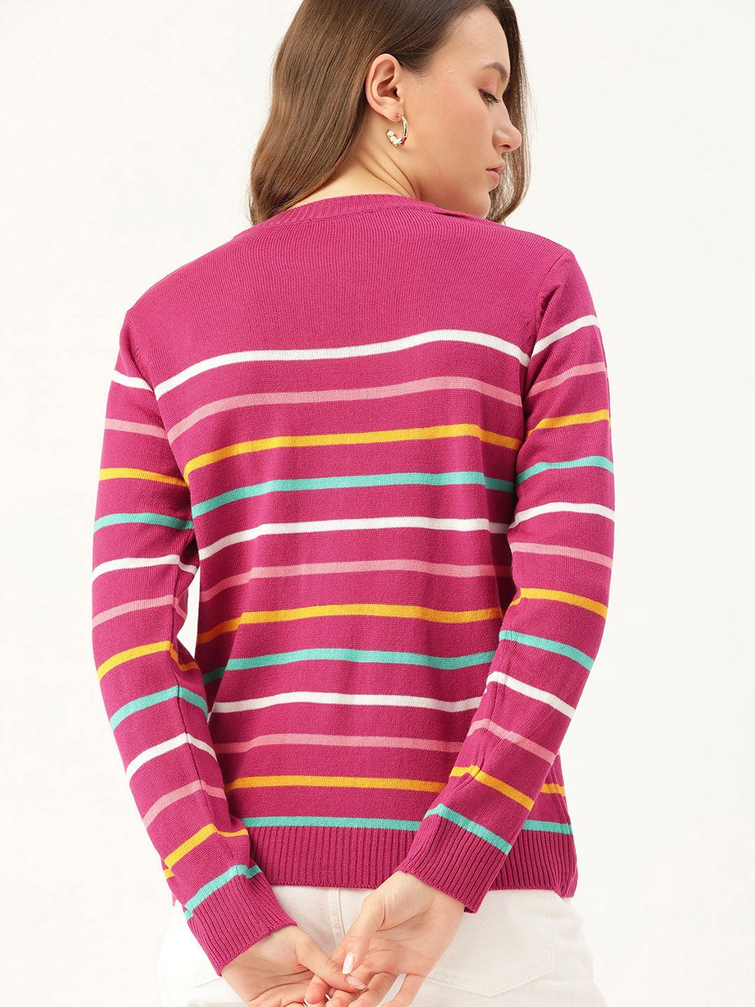DressBerry Women Pink & Yellow Striped Pullover