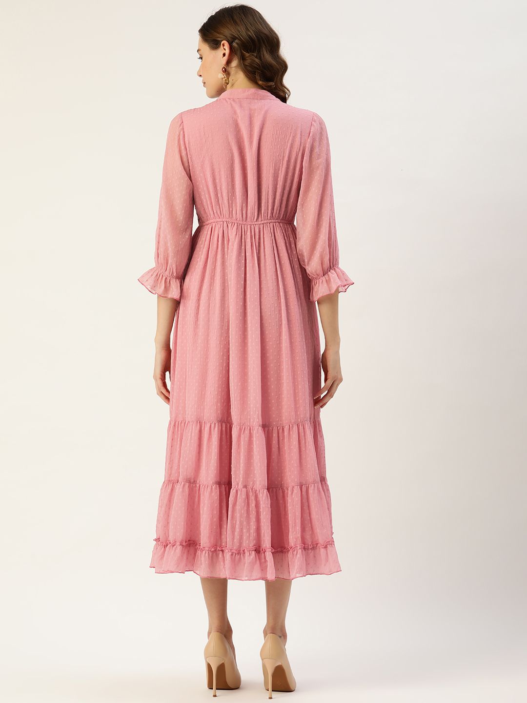 Antheaa Rose Dobby Woven Embellished Maxi Layered Dress