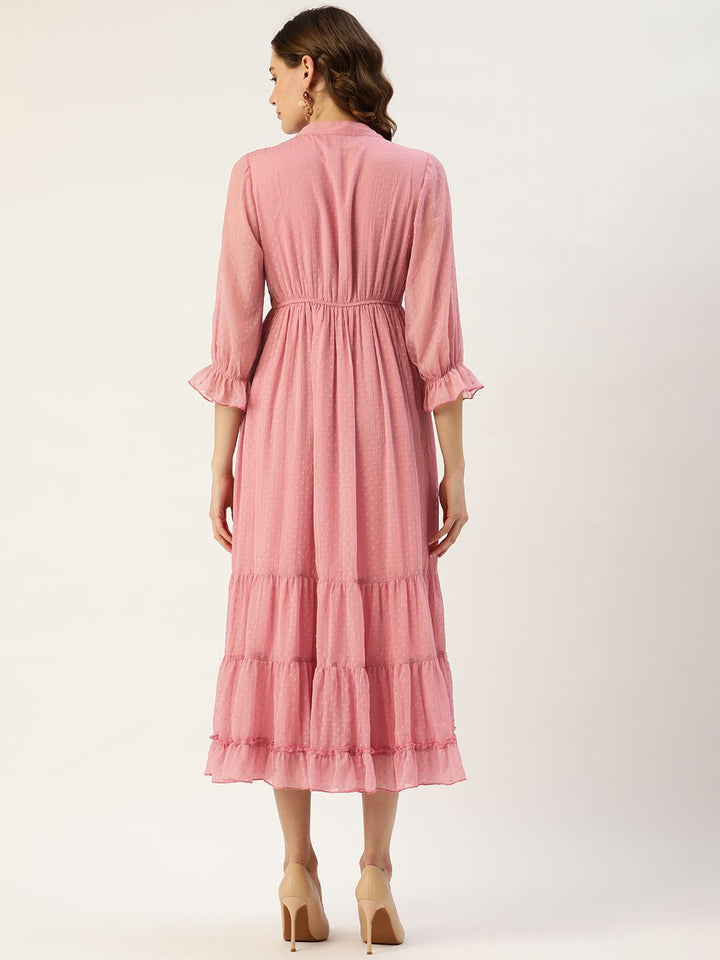 Antheaa Rose Dobby Woven Embellished Maxi Layered Dress