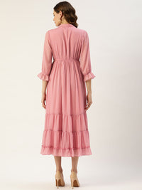 Antheaa Rose Dobby Woven Embellished Maxi Layered Dress