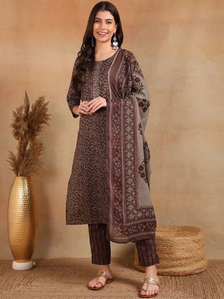 KALINI Floral Printed Straight Kurta with Trousers & Dupatta