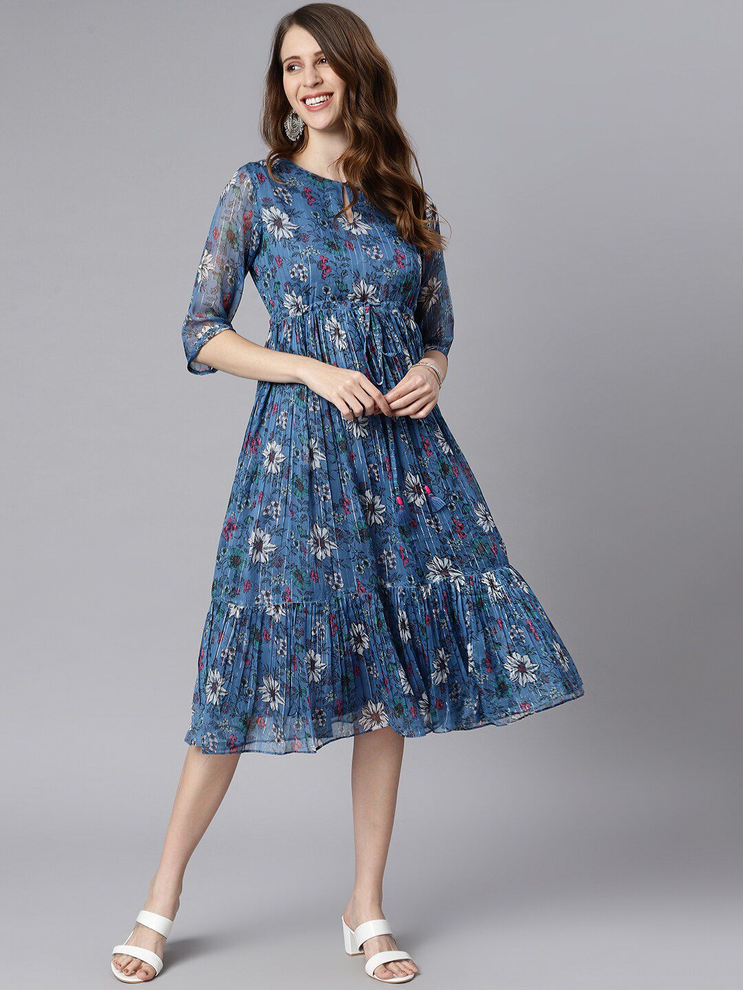 Janasya Floral Printed Flared Dress