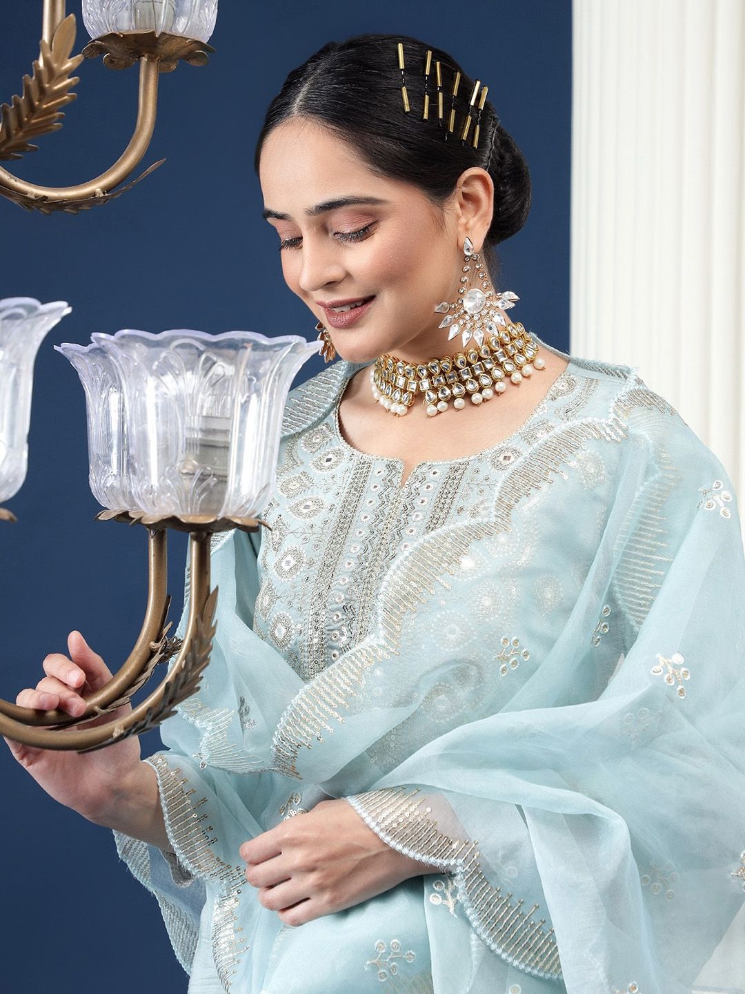 Bani Women Ethnic Motifs Embroidered High Slit Sequinned Kurta With Palazzos & Dupatta