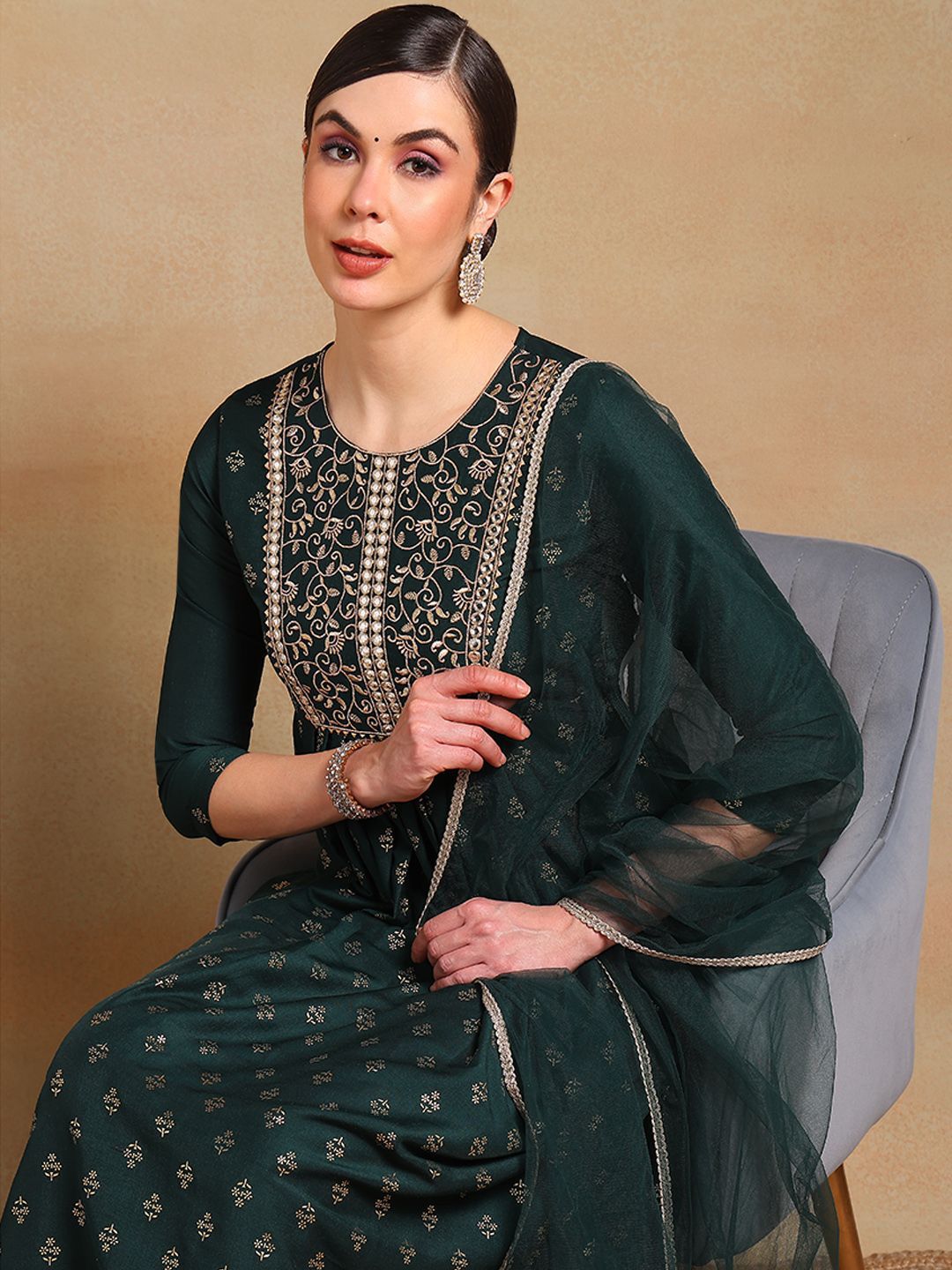 KALINI Ethnic Motifs Embroidered Empire Mirror Work Kurta with Trousers & Dupatta