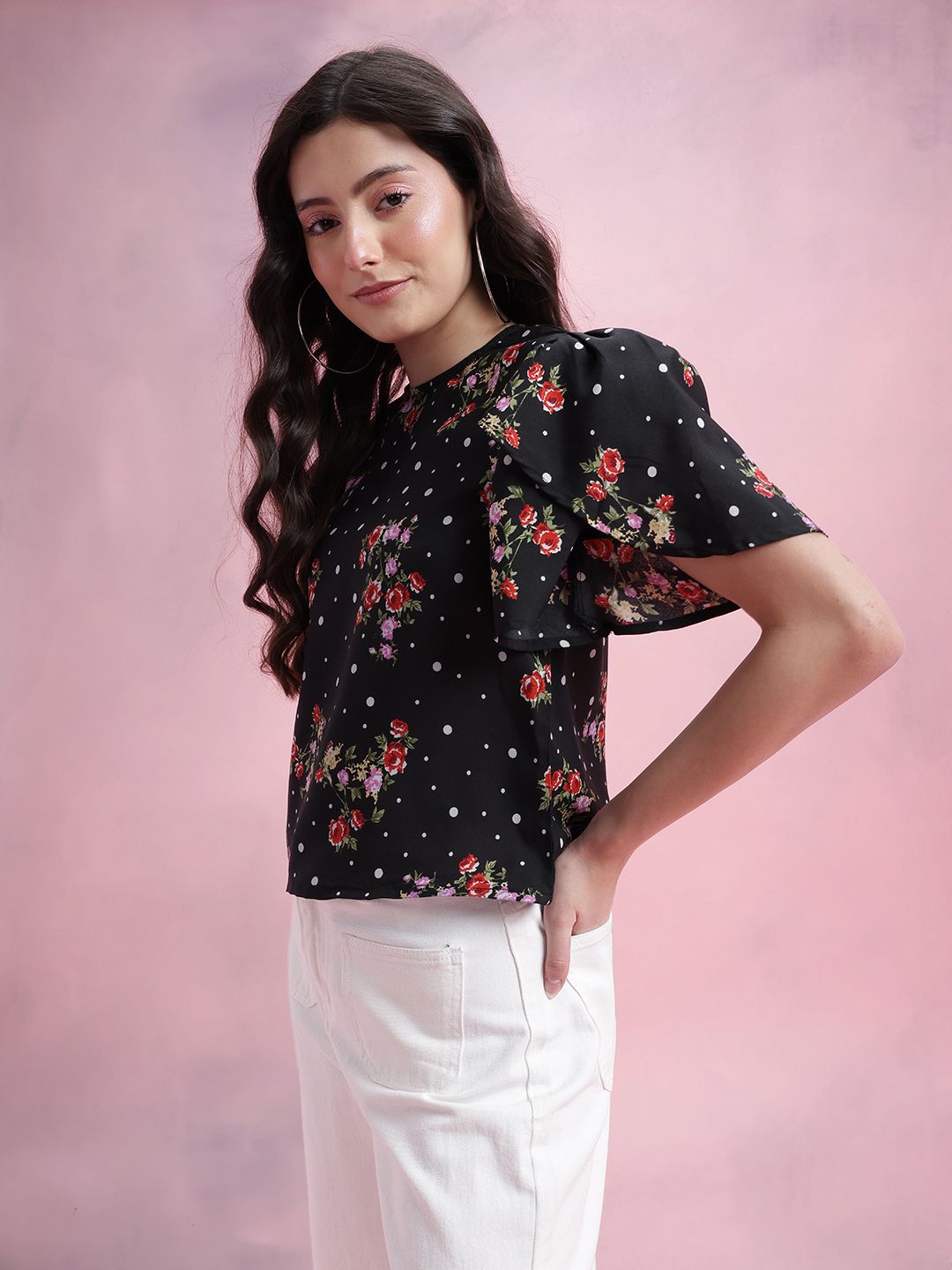 DressBerry Floral Print Tulip-Style Flared Sleeves Top