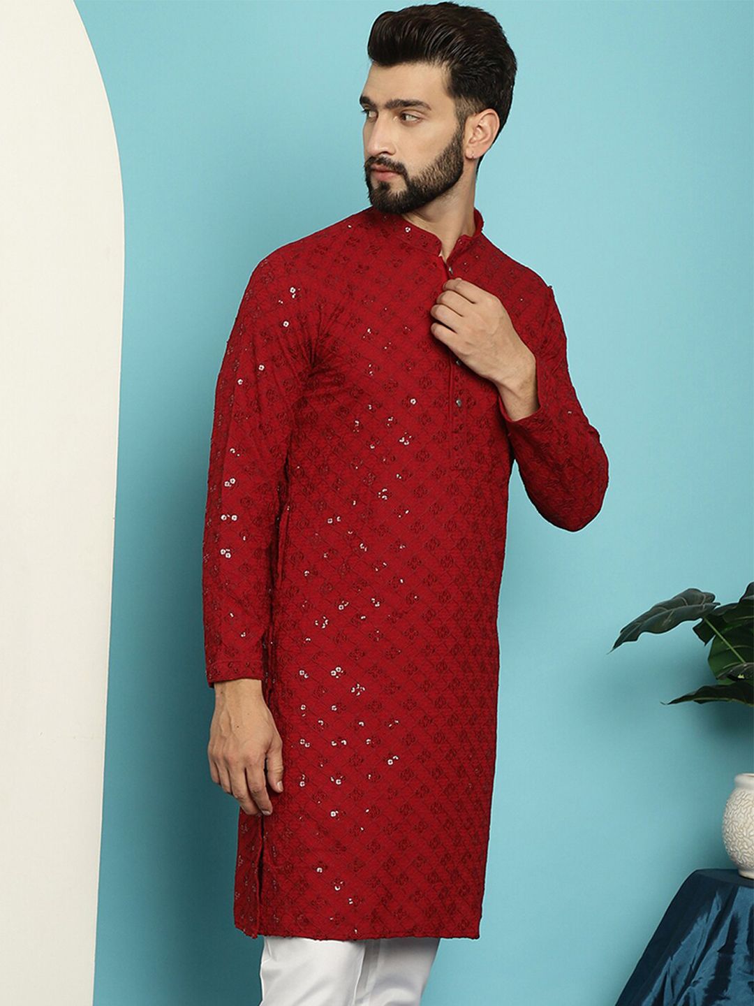 SOJANYA Dihiasi Pure Cotton Kolar Mandarin Kurta Lurus