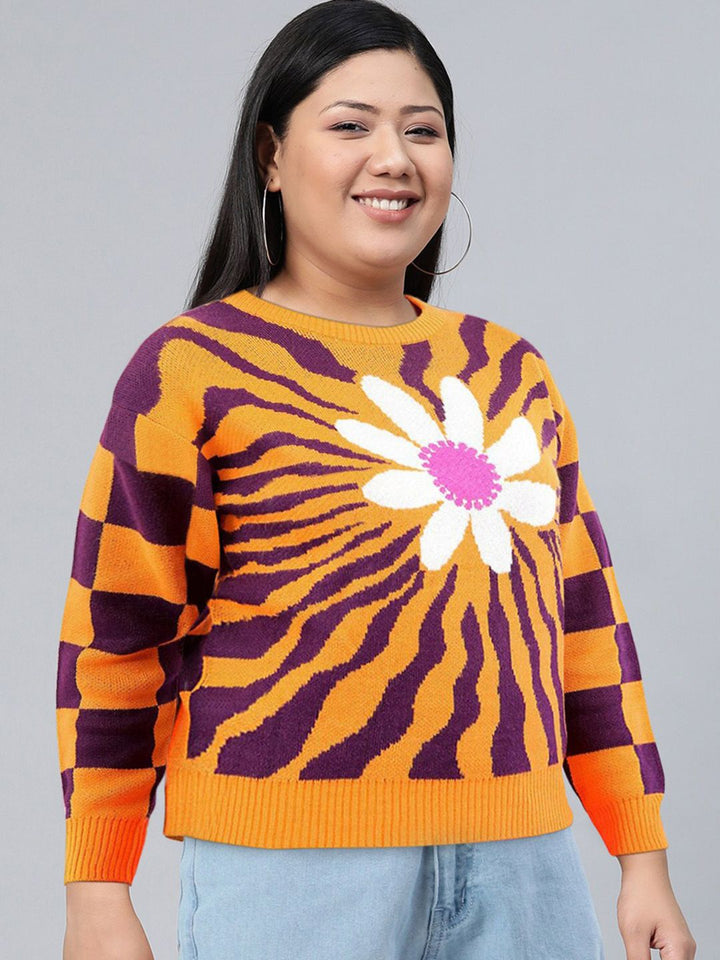 Tokyo Talkies Women Yellow & Purple Floral Jacquard Pullover Sweater