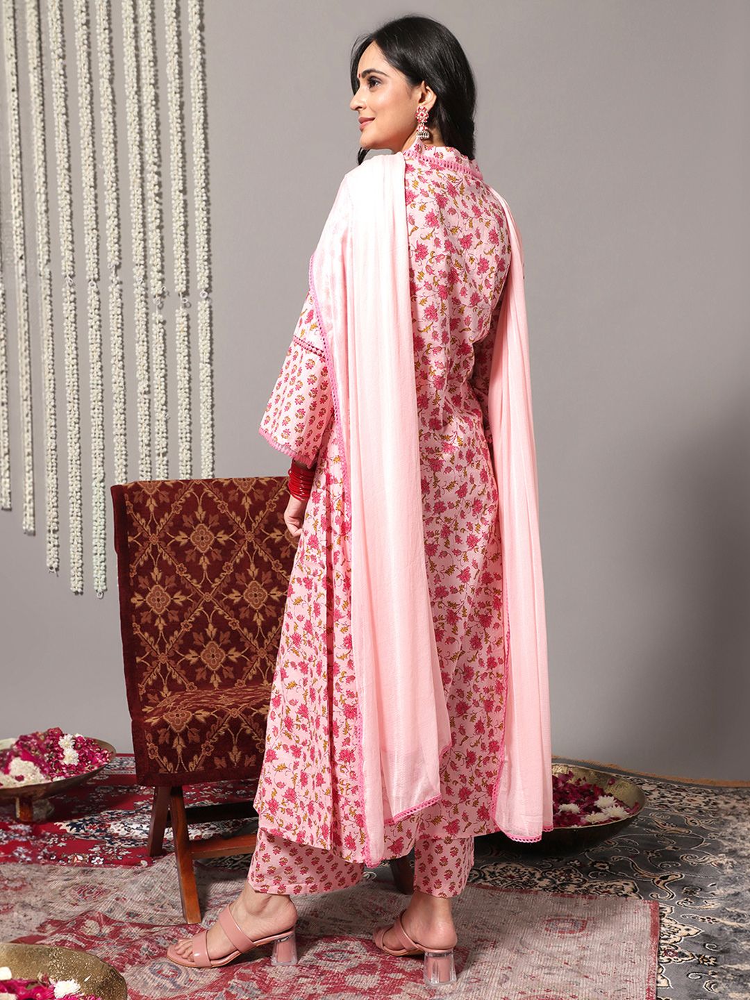 Varanga Floral Printed Pure Cotton A-Line Kurta With Trousers & Dupatta