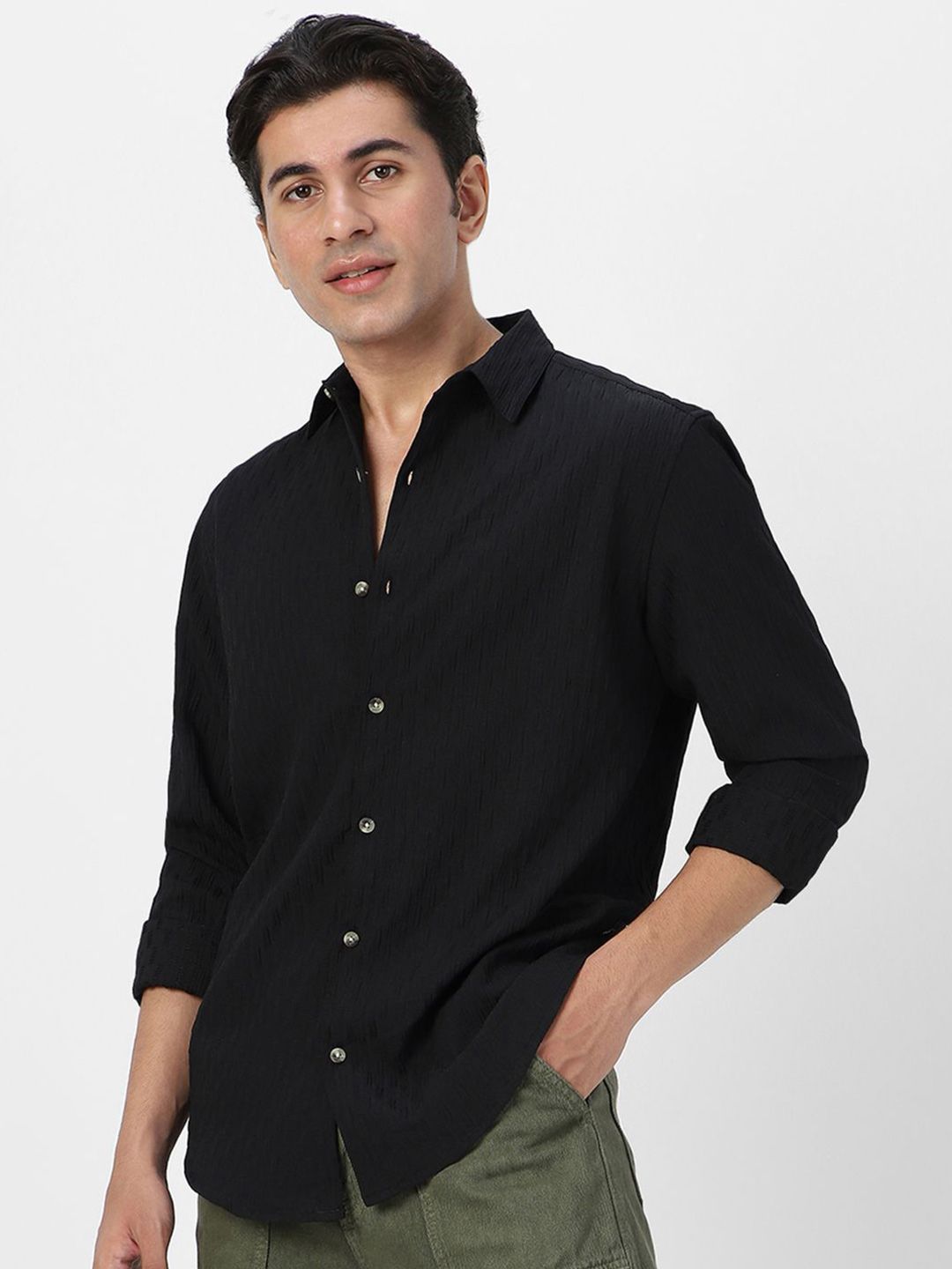 Urbano Fashion Men Spread Collar Textured Cotton Casual Shirt