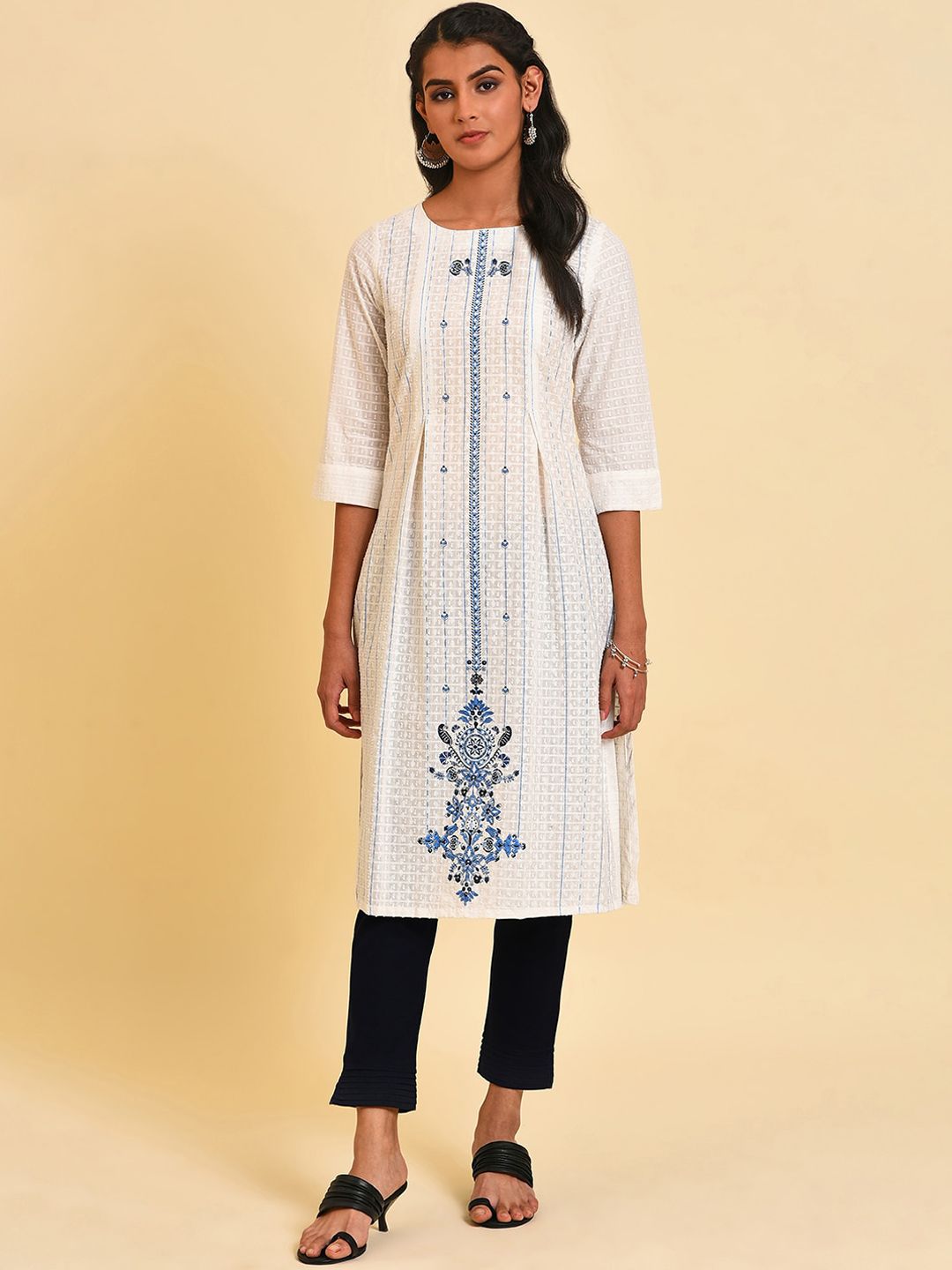W Ethnic Motif Embroidered A-Line Pure Cotton Kurta