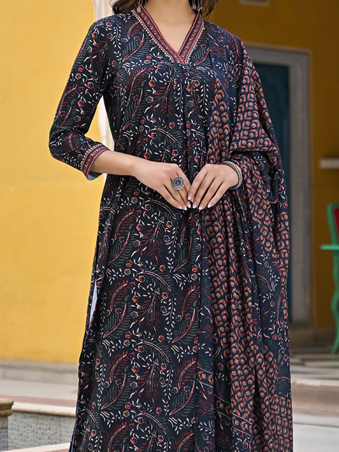 KALINI Floral Printed Pleated Straight Kurta With Trousers & Dupatta