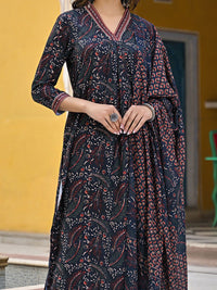 KALINI Floral Printed Pleated Straight Kurta With Trousers & Dupatta
