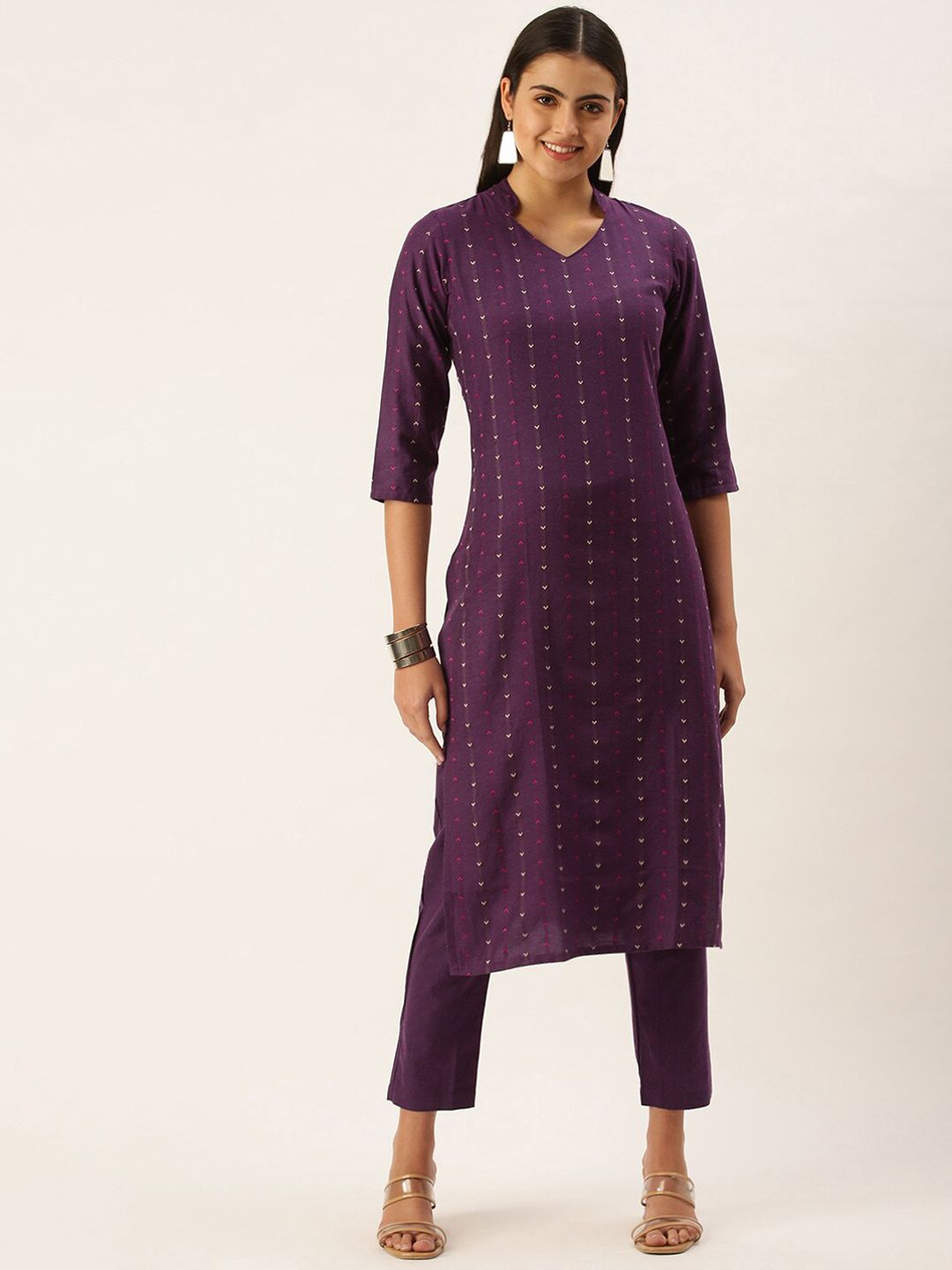 KALINI Striped Woven Design Mandarin Collar Kurta With Trousers