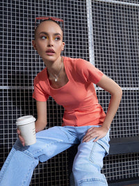 SASSAFRAS Peach-Coloured Square Neck Cut-Out Top