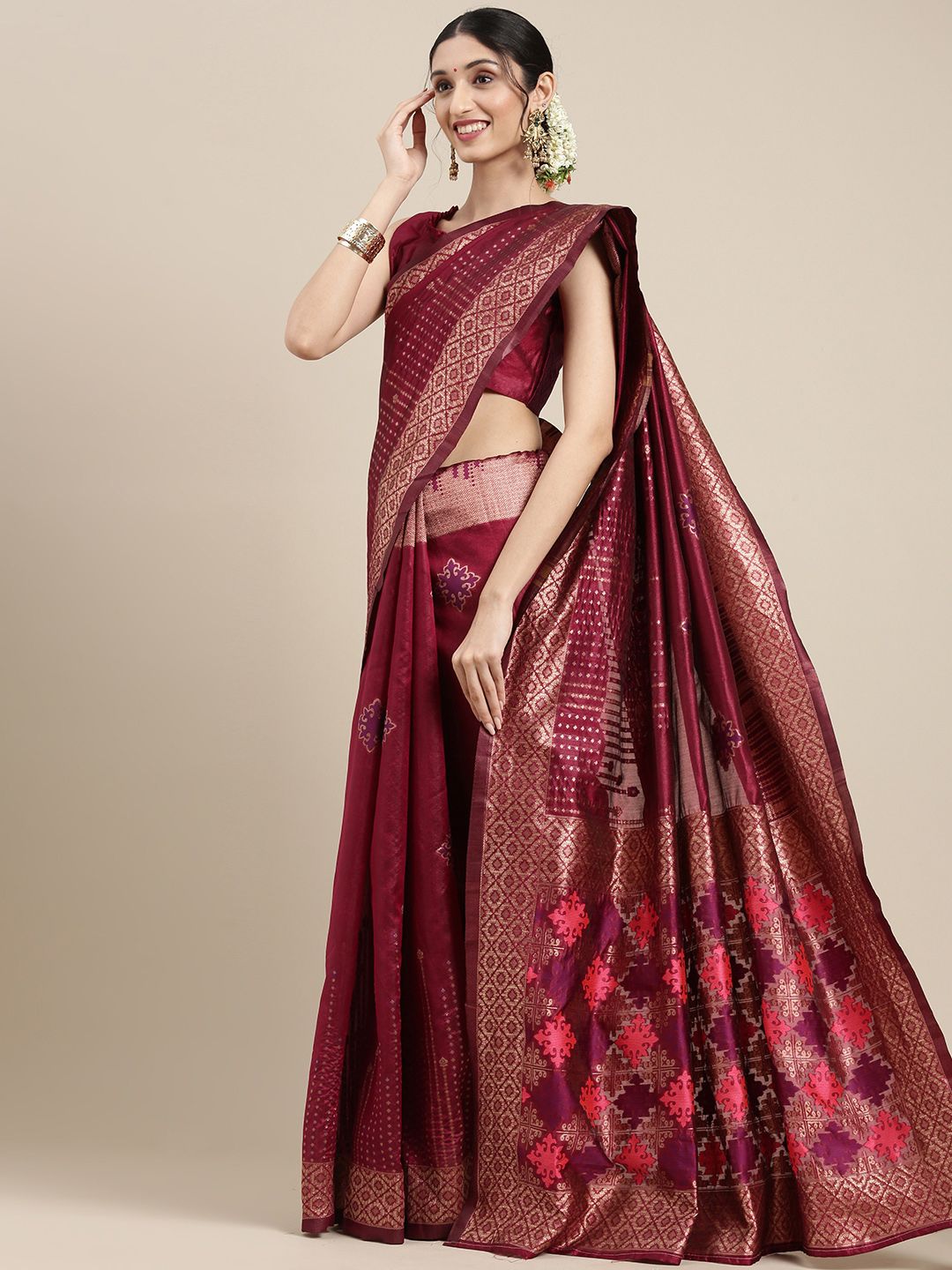 Saree mall Magenta Ethnic Motifs Woven Silk Blend Banarasi Sarees