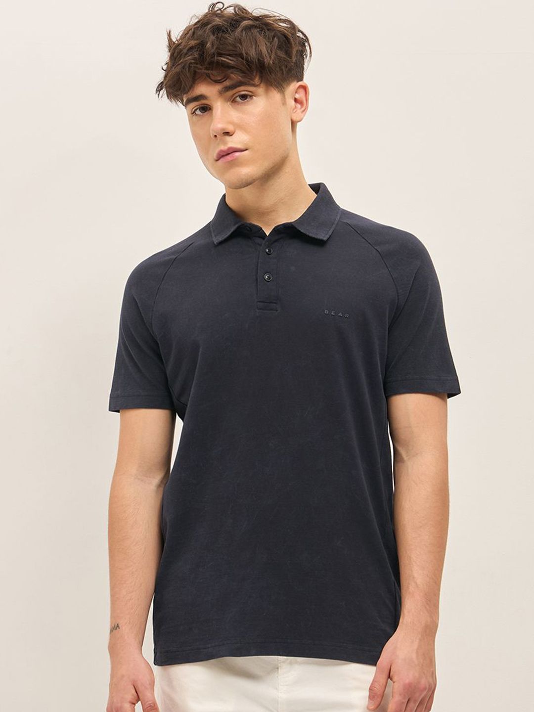 THE BEAR HOUSE Men Solid Polo Collar Cotton T-shirt