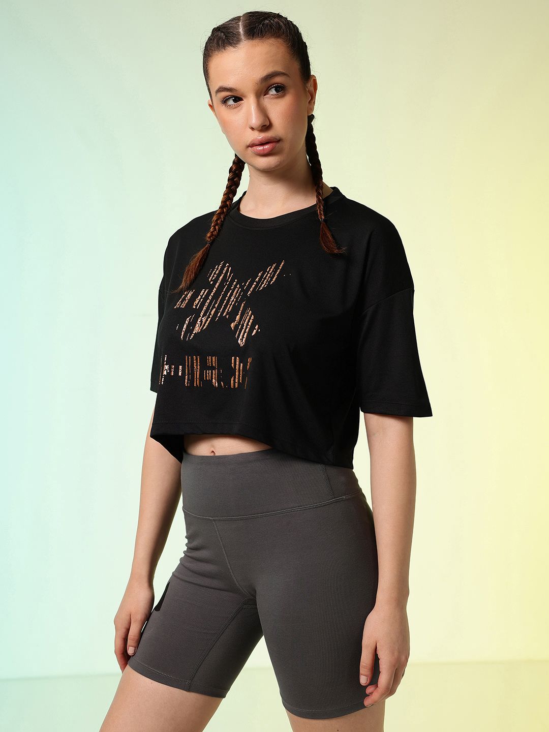 HRX by Hrithik Roshan ACTIVE-GODDESS Brand Logo Rapid Dry Training Boxy Fit Crop T-shirt