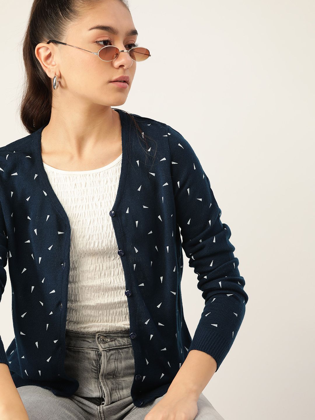 DressBerry Women Navy Blue Printed Cardigan