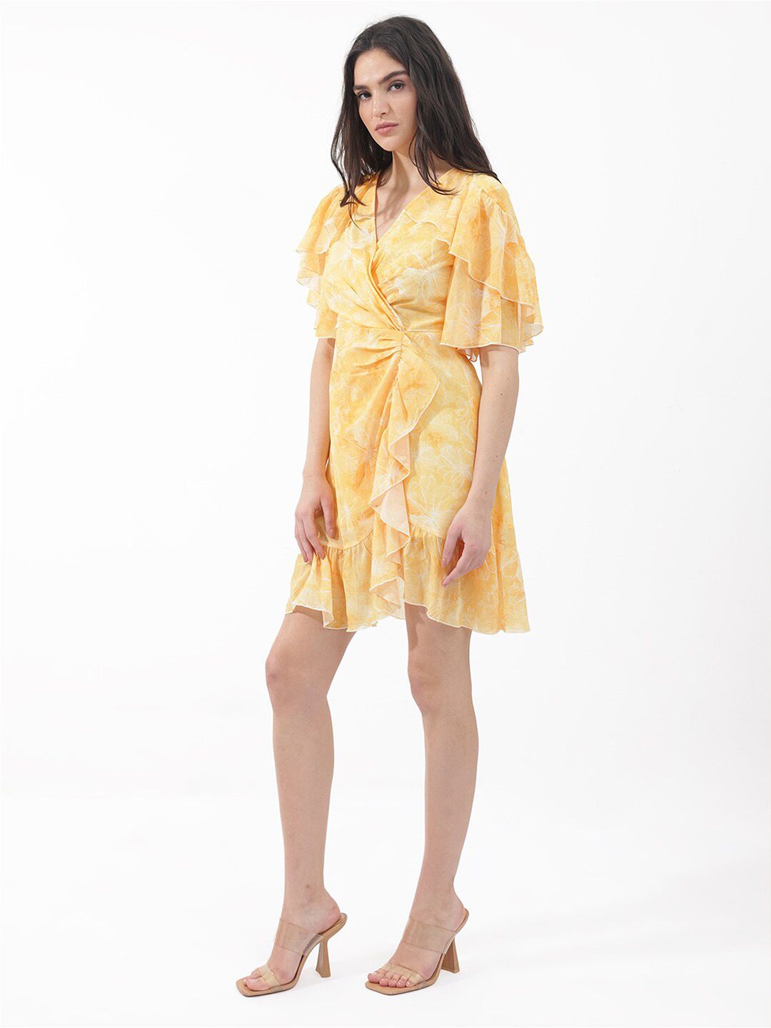 RAREISM Floral Printed Flared Sleeves Wrap Dress