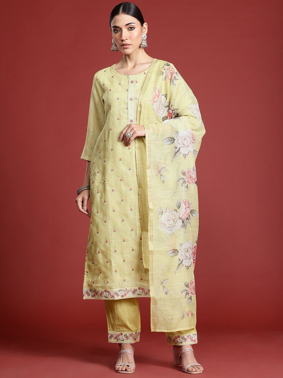 Indo Era Floral Embroidered Thread Work Linen Kurta with Trousers & With Dupatta