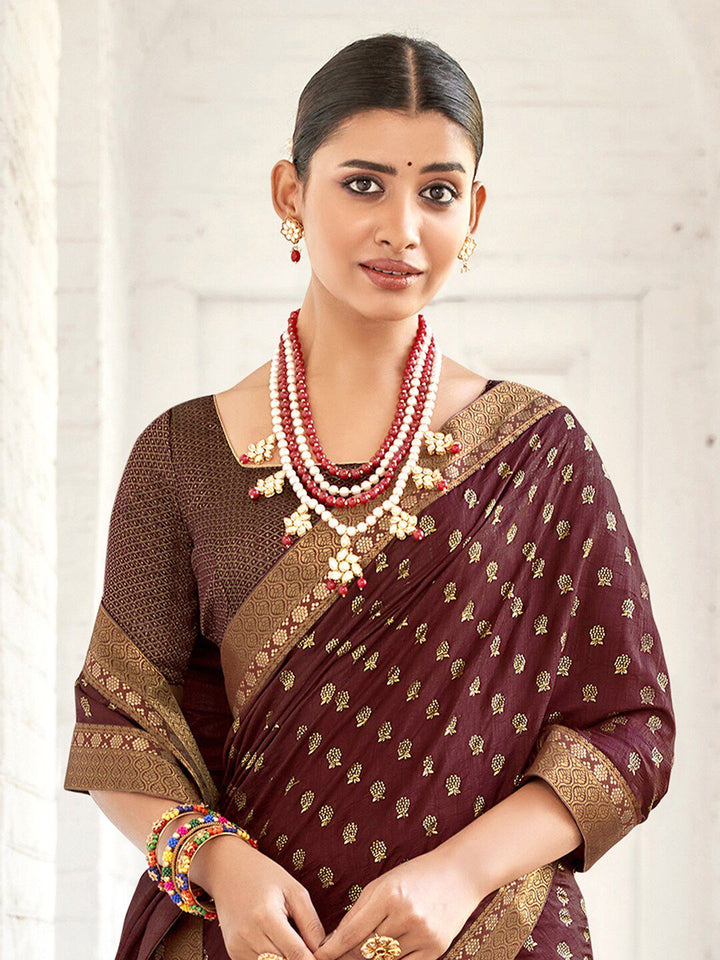 Saree mall Burgundy & Gold Toned Ethnic Motifs Printed Zari Sarees
