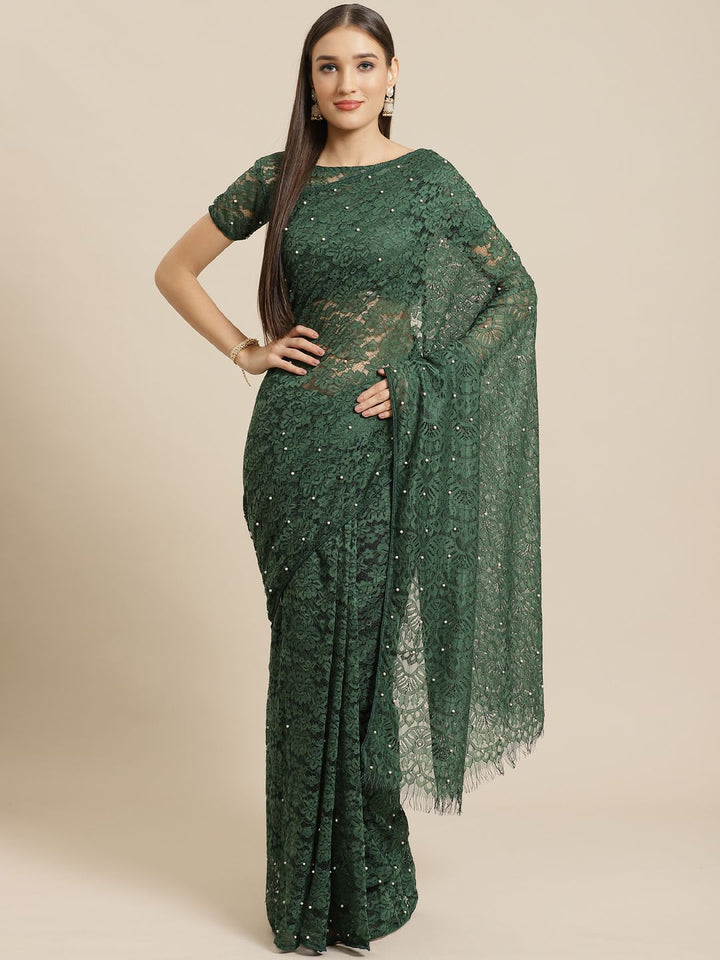 Saree mall Green Woven Design Supernet Saree