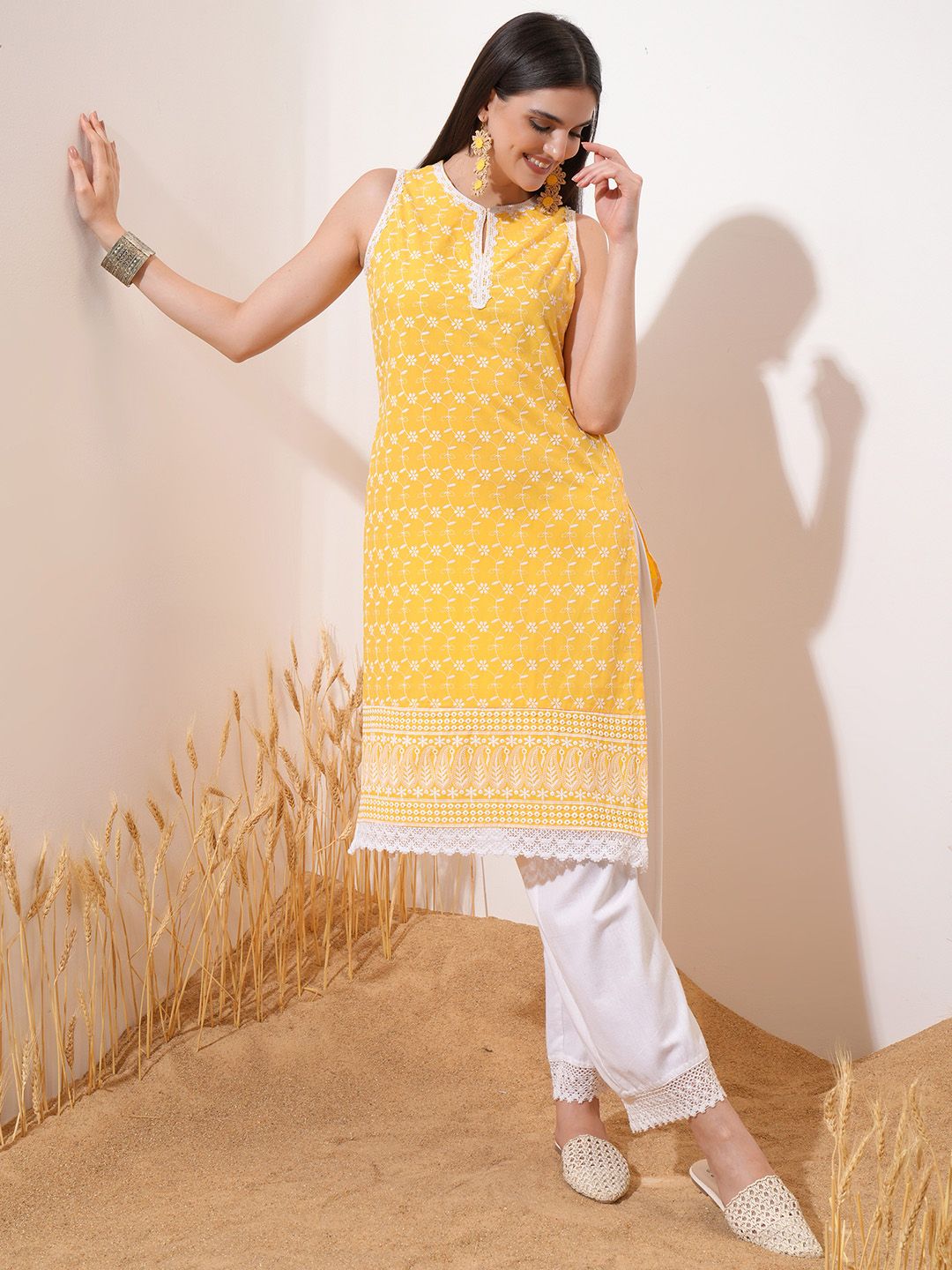 Vishudh Yellow Ethnic Motifs Embroidered Thread Work Straight Kurta