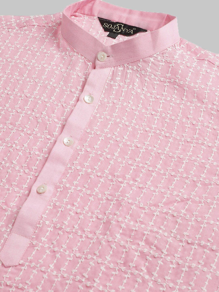 SOJANYA Men Pink Sulam Kurta Kapas Tulen Biasa dengan Churidar