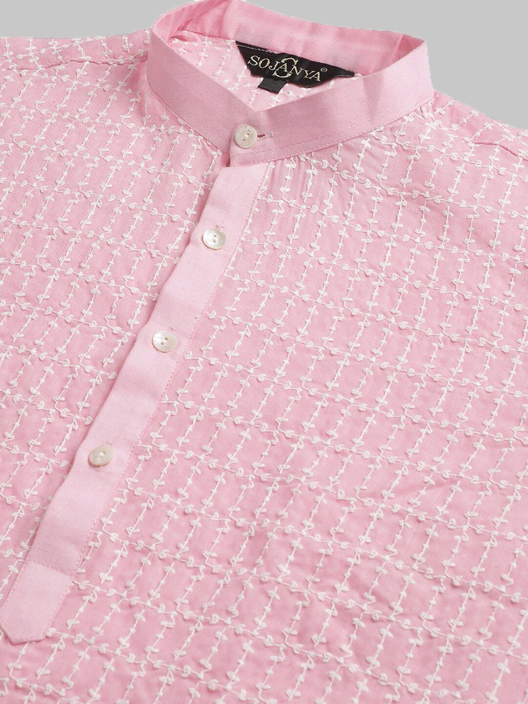 SOJANYA Men Pink Sulam Kurta Kapas Tulen Biasa dengan Churidar