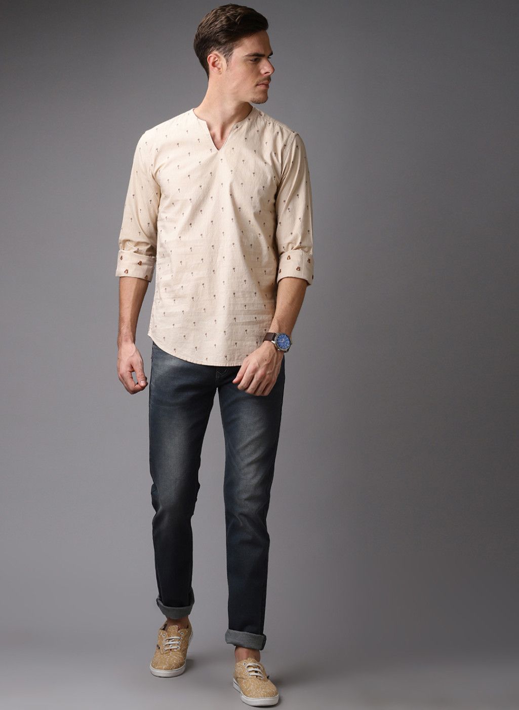 Khaki Printed Straight Kurta