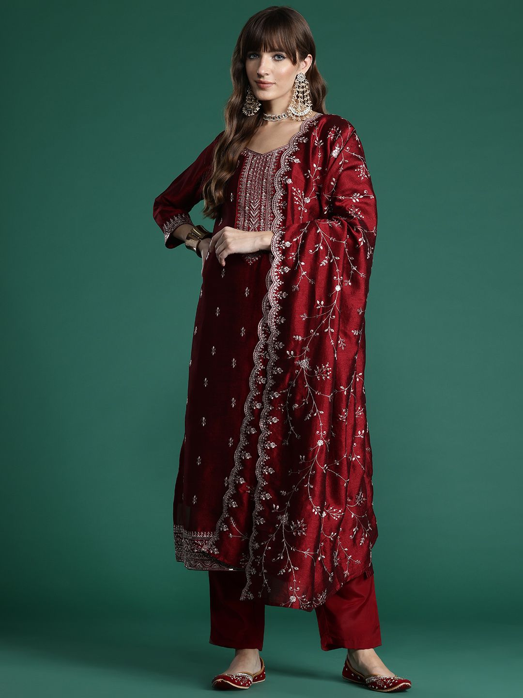 Indo Era Floral Embroidered Sequinned Kurta with Trousers & With Dupatta