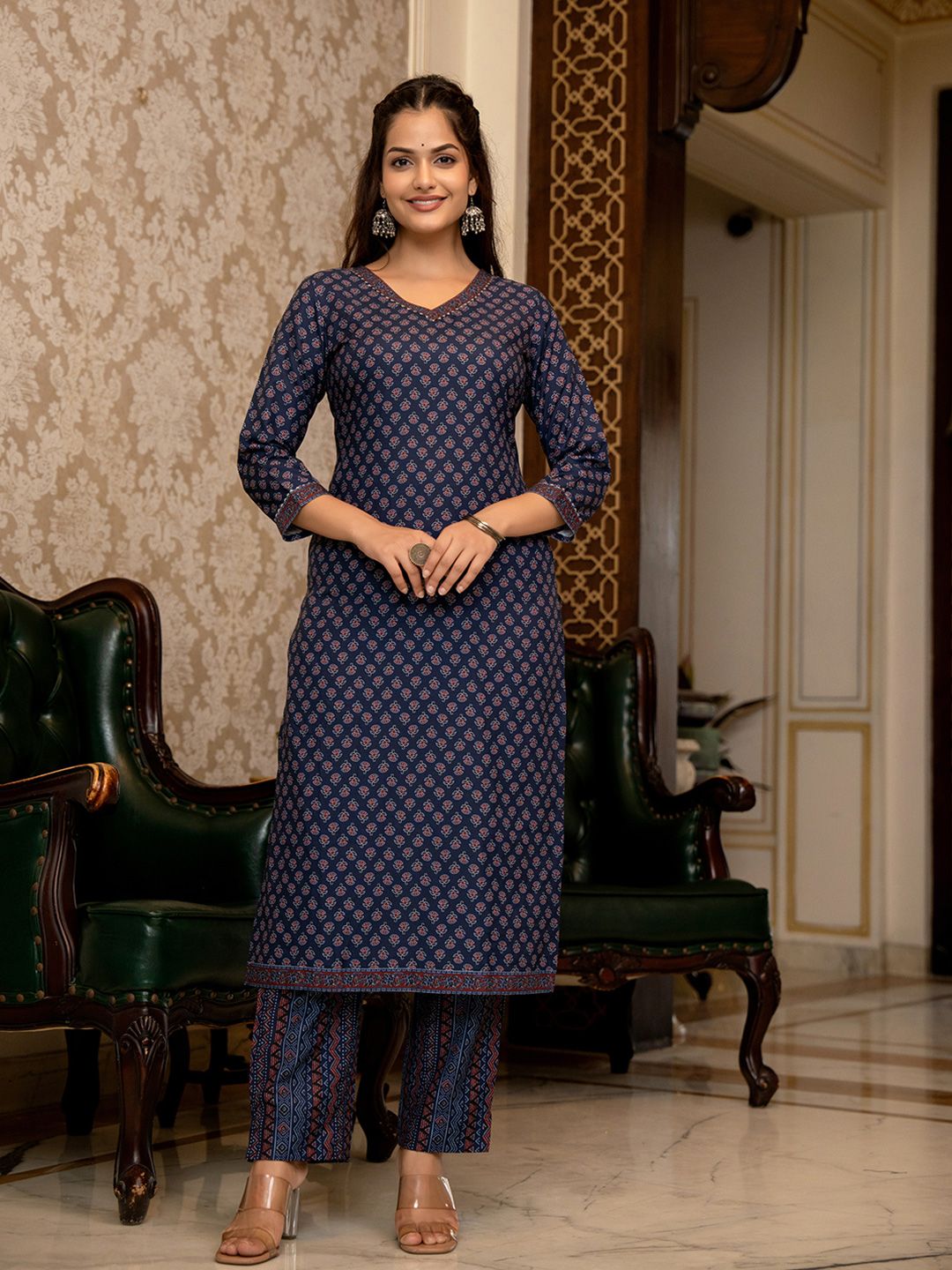 KALINI Ethnic Motifs Printed Regular Gotta Patti Straight Kurta with Trousers & Dupatta