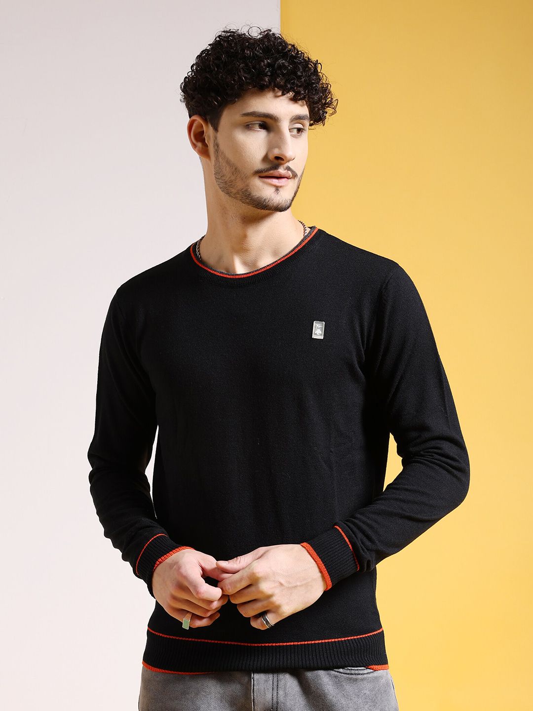 The Indian Garage Co Black Round Neck Long Sleeves Acrylic Pullover Sweater