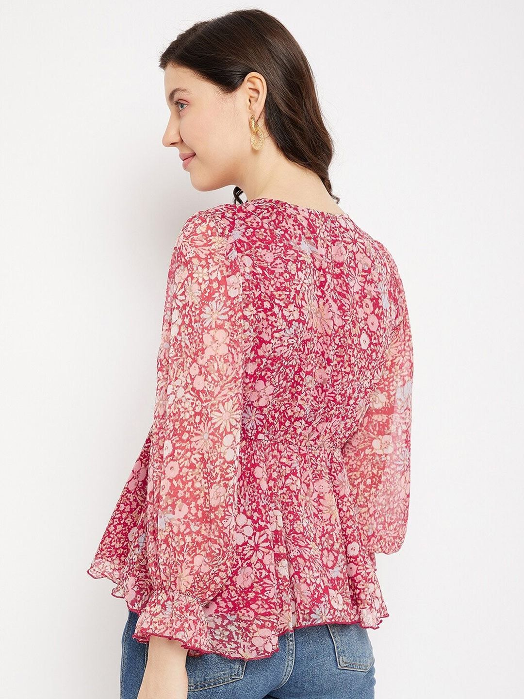 Antheaa Floral Printed Puff Sleeve Peplum Top