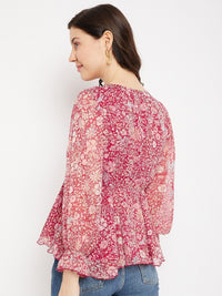 Antheaa Floral Printed Puff Sleeve Peplum Top